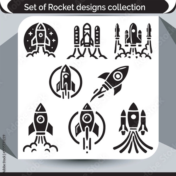 Fototapeta Black and White Rocket Designs Collection Various Rocket Launch Symbols and Space Exploration Concepts in Graphic Form