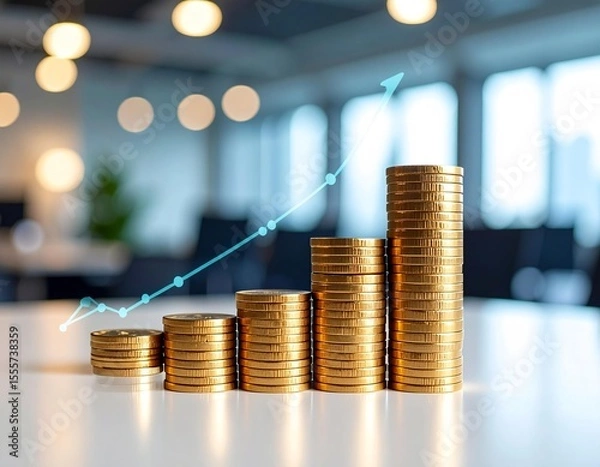 Obraz Capture growth with stacked coins and upward trend in a sleek blurred office backdrop. Ideal for finance presentations.  