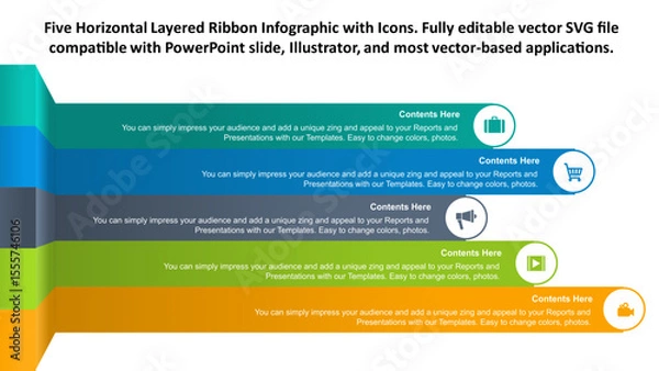 Fototapeta Five Horizontal Layered Ribbon Infographic with Icons. Fully editable vector SVG file compatible with PowerPoint slide, Illustrator, and most vector-based applications.