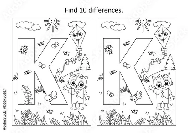 Fototapeta Letter K difference game and coloring page. K is for kitten. K is for kite.
