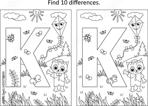 Fototapeta Letter K difference game and coloring page. K is for kitten. K is for kite.
