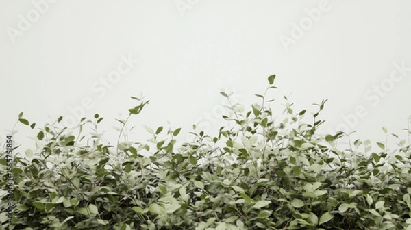 Fototapeta Lush green foliage dusted with white details, creating a clean nature backdrop. Serene natural beauty with ample negative space.