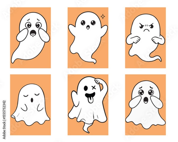 Fototapeta Cute Kawaii Ghosts Bundle | 6 Funny Halloween Ghost Expressions Vector | Cartoon Ghost Clipart for Kids