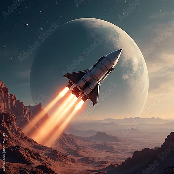 Fototapeta Sci-fi rocket flying over alien landscape with multiple planets and nebula sky, advanced metal textures and atmospheric perspective, balanced composition 