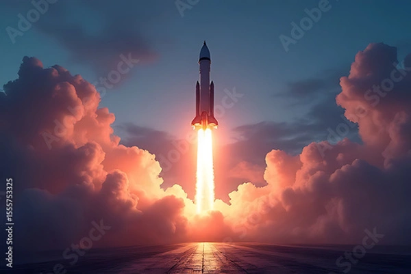 Fototapeta Futuristic rocket launching from a high-tech platform under twilight sky with dramatic lighting and glowing vapor trails, detailed background , cinematic atmosphere