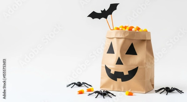 Fototapeta Halloween candy corn in a bag with spiders isolated on white background