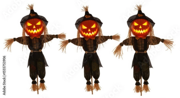 Fototapeta Three halloween scarecrows with pumpkin heads isolated on white