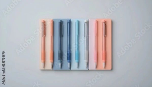 Fototapeta Ai generated image of pastel pens and notebooks arranged neatly on a light gray background