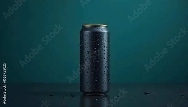 Fototapeta Ai generated image of a black aluminum can with condensation droplets, isolated on a dark background