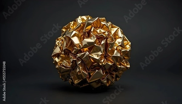 Fototapeta Ai generated image of a crumpled gold sphere with a metallic texture, isolated on a dark background