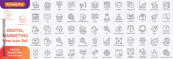 Obraz Digital marketing set of web icons in line style. Marketing icons for web and mobile app. Communication, advertising, e commerc, seo, content, product, target audience, website, social media and more.