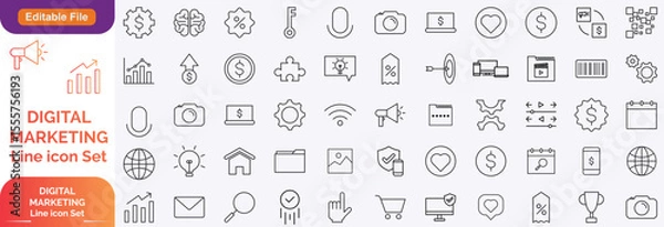 Obraz Digital marketing set of web icons in line style. Marketing icons for web and mobile app. Communication, advertising, e commerc, seo, content, product, target audience, website, social media and more.