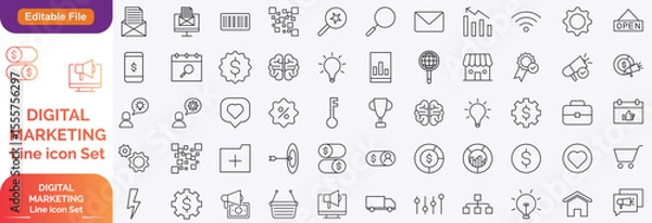 Obraz Digital marketing and line icons set. Marketing & Search Engine Optimisation outline icons collection. Website, search, mail, analysis, content, strategy, development, stock vector. Line icon set.....