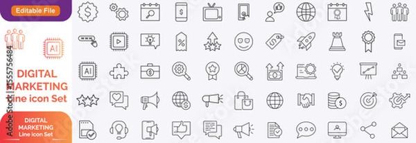Obraz Digital marketing and line icons set. Marketing & Search Engine Optimisation outline icons collection. Website, search, mail, analysis, content, strategy, development, stock vector. Line icon set.....