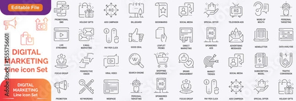 Obraz Digital marketing and line icons set. Marketing & Search Engine Optimisation outline icons collection. Website, search, mail, analysis, content, strategy, development, stock vector. Line icon set.....