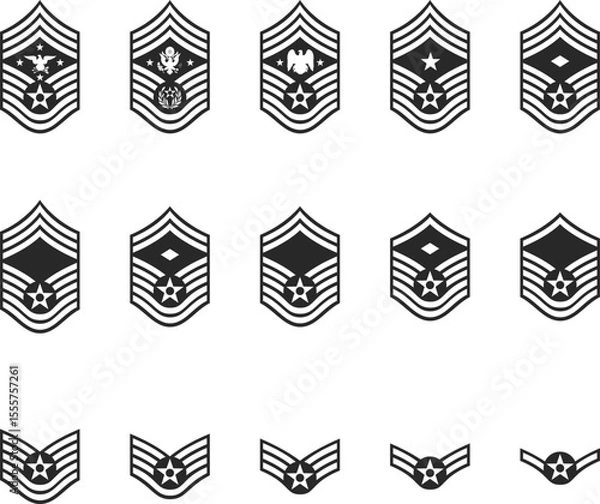 Fototapeta Set of military ranks of the Air Force from private to senior sergeant, icons of Air Force ranks in the form of black silhouettes.