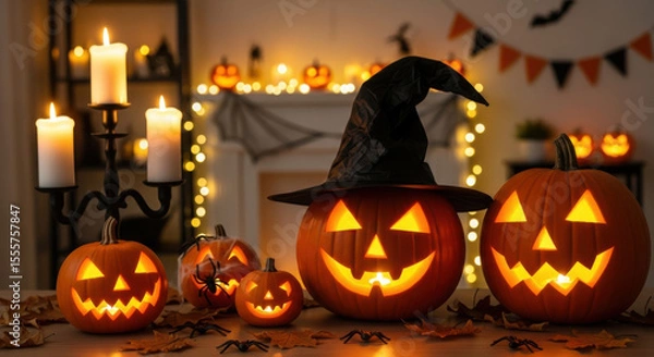 Fototapeta Halloween pumpkin with crow and bats on a white background
