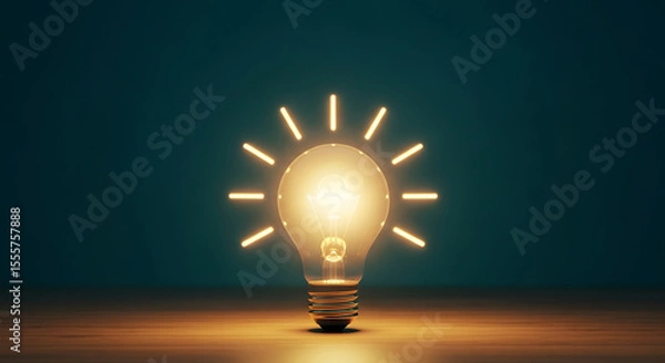 Fototapeta Bright glowing light bulb with radiating lines on a dark background, symbolizing a new idea or creative inspiration in a simple setting.
