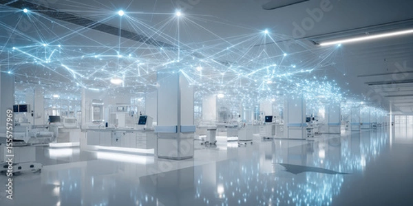 Fototapeta Seamless Connectivity in Healthcare: A Modern Hospital's Interior Illuminated by Digital Network Lines, Showcasing Advanced Technology.