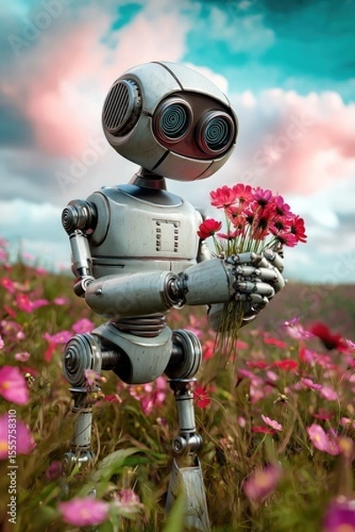 Fototapeta Un adorable robot tenant des fleurs dans la main, debout dans un champ de fleurs sauvages roses et rouges sous un ciel nuageux.