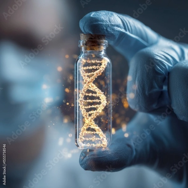 Fototapeta Unlocking Genetic Secrets: A Gloved Hand Holds a Vial with a Glowing DNA Helix, Symbolizing Breakthroughs in Biotechnology.
