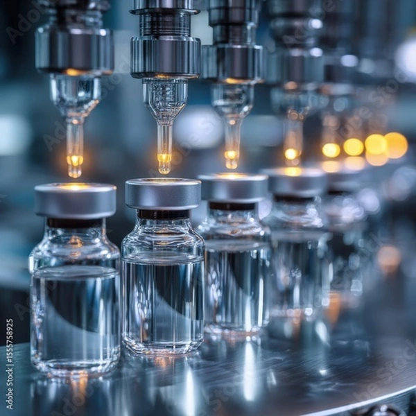 Fototapeta Precision in Production: Automated Fillers Dispensing Medical Liquids into Vials on a Pharmaceutical Assembly Line, Ensuring Quality and Efficiency.