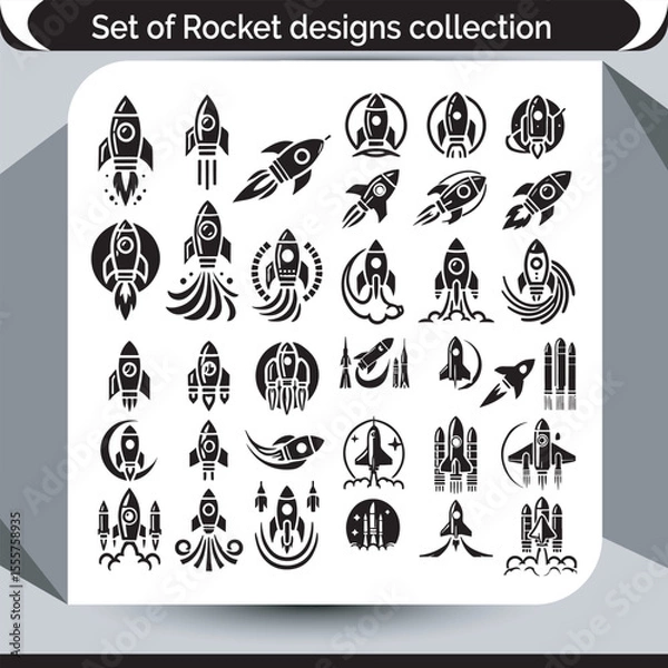 Fototapeta Diverse Rocket Designs Collection Modern Black and White Space Exploration and Technology Themed Set of Illustrations