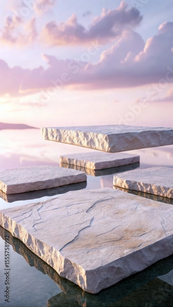 Fototapeta Abstract stone slabs floating over reflective water at sunset reflection