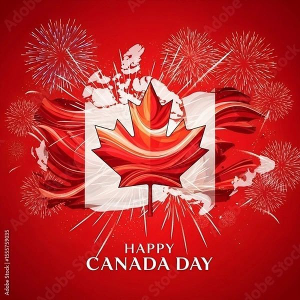 Fototapeta Vibrant Canada Day Celebration A Maple Leaf Flag Bursting with Fireworks and Festive Cheer on a Red Background