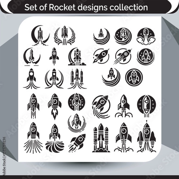 Fototapeta Collection of Rocket Design Silhouettes Space Exploration Concepts and Spacecraft Launch Symbols Depicting the Innovation of Space Travel