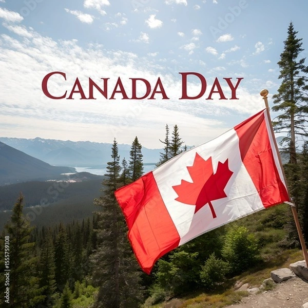 Fototapeta A Majestic Canada Day Celebration Canadian Flag Waves Proudly Against a Stunning Backdrop of Mountains and Lush Greenery on Sunny Day