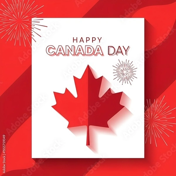 Fototapeta Festive Happy Canada Day Celebration with Maple Leaf Design and Red Fireworks Background For a Joyful Commemoration