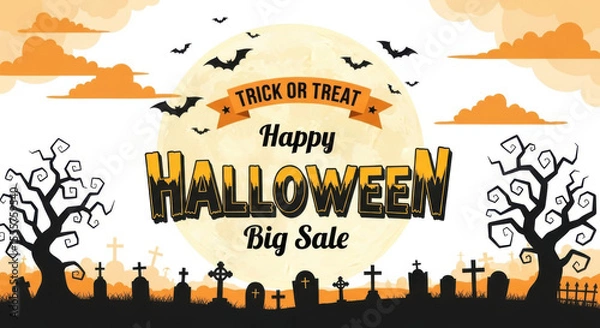 Fototapeta Happy halloween big sale with spooky graveyard and moonlit sky