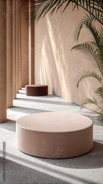 Fototapeta Clay podiums soft light palm shadows matte circular