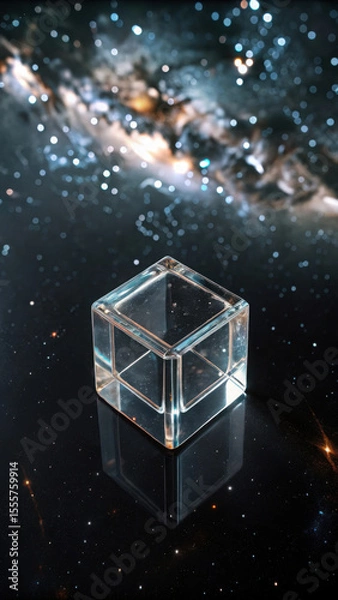 Fototapeta Clear cube floating cosmic nebula transparent glass