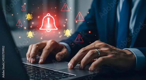 Fototapeta Man in suit working on laptop with red alert bells and warning signs floating above, indicating urgent notifications or cybersecurity issues.