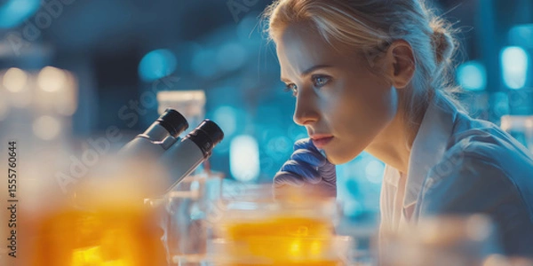 Fototapeta Focused Inquiry A Dedicated Female Scientist Utilizes a Microscope in a Lab, Driving Breakthroughs in Medical and Biological Research.