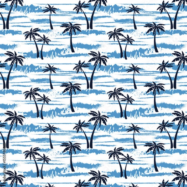 Obraz Stylized palm trees in a pattern.Vector seamless pattern with stylized palm trees and sea on a white background.