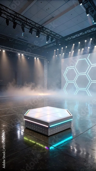 Fototapeta Futuristic hexagonal stage platform with glowing neon accents podium