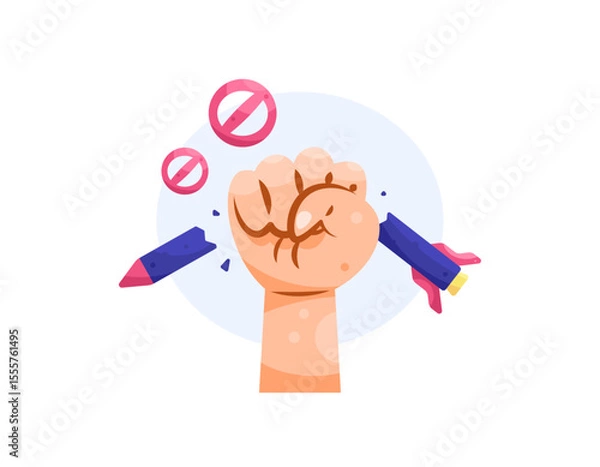 Fototapeta illustration of a missile being held until it breaks. rocket being punched until it breaks. anti-war or stop war concept. rejection and protest. weapons of war. flat style design. white background