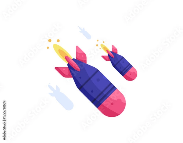 Fototapeta illustration of missiles falling. rocket fire. nuclear missiles flying. war weapons and bombs. flat style design. white background. element assets