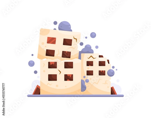 Fototapeta an illustration of a destroyed and smoking building. a building that is damaged, cracked and almost collapsed due to an explosion or earthquake. the impact of war. flat style design. asset elements