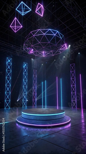 Fototapeta Futuristic stage with geometric neon lighting and podium purple blue