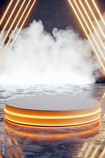 Fototapeta Glowing circular stage illuminated by neon lights podium