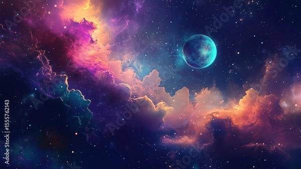 Fototapeta A celestial tapestry unfolds with vibrant nebulas, twinkling stars, and a serene, illuminated planet in a cosmic sky.