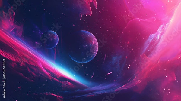 Fototapeta Vivid cosmic nebula scene showcasing distant planets bathed in brilliant shades of pink, purple, and blue, creating a stunning intergalactic vista.