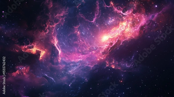 Fototapeta Ethereal cosmic nebula glows with pink, purple, and gold hues against a starlit backdrop, creating a mesmerizing celestial scene.