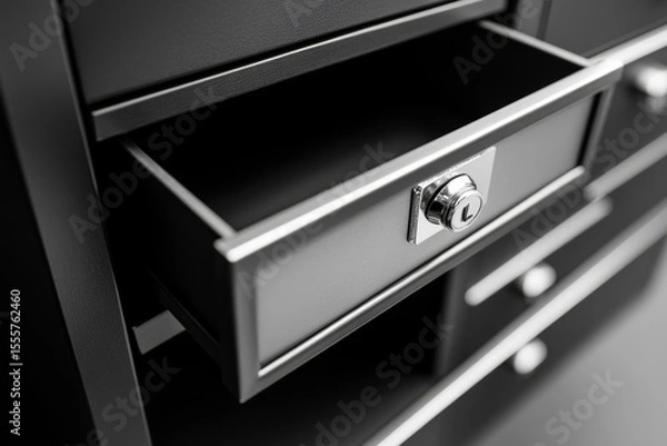 Fototapeta Opened black metal drawer reveals a secure inner compartment. Sleek design emphasizes storage and protection for valuables.