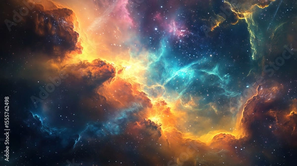Fototapeta Vibrant cosmic clouds shimmer with celestial light, creating a mesmerizing nebula in the dark expanse of outer space.
