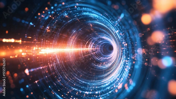 Fototapeta A captivating vortex of blue and orange light swirls in a stunning, abstract, futuristic tunnel, creating a sense of depth and dynamic motion.